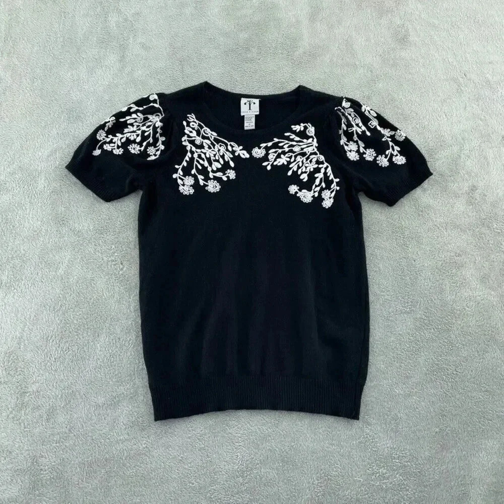 Black Women's Sweater with White Floral Embroidery